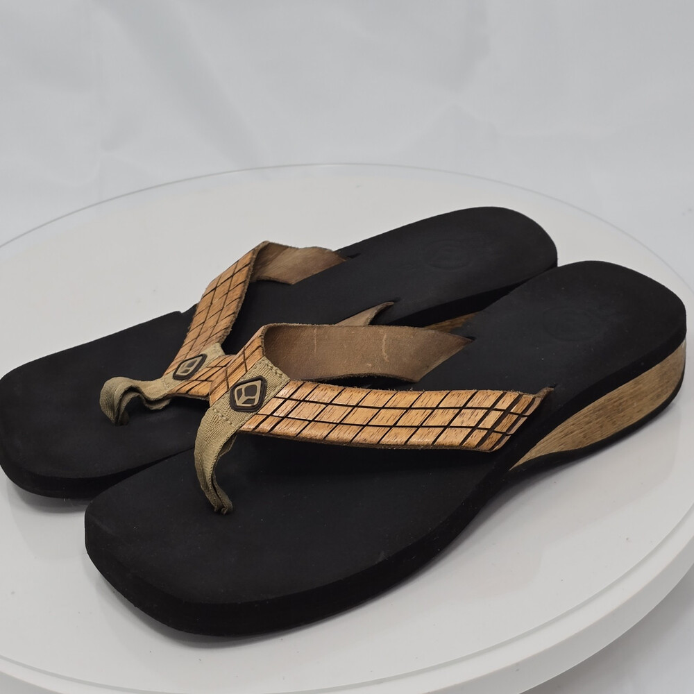 Vintage Y2K Reef Tigris Women 10 Wooden Tile Wedge Black Flip Flops Summer Beach